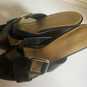 Chaps Black Leather Mules with Gold Buckle